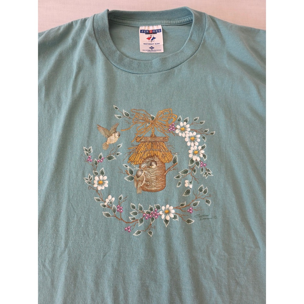 Vintage 90s T-Shirt Birdhouse Floral XL Teal Made in USA Hummingbird Cottagecore